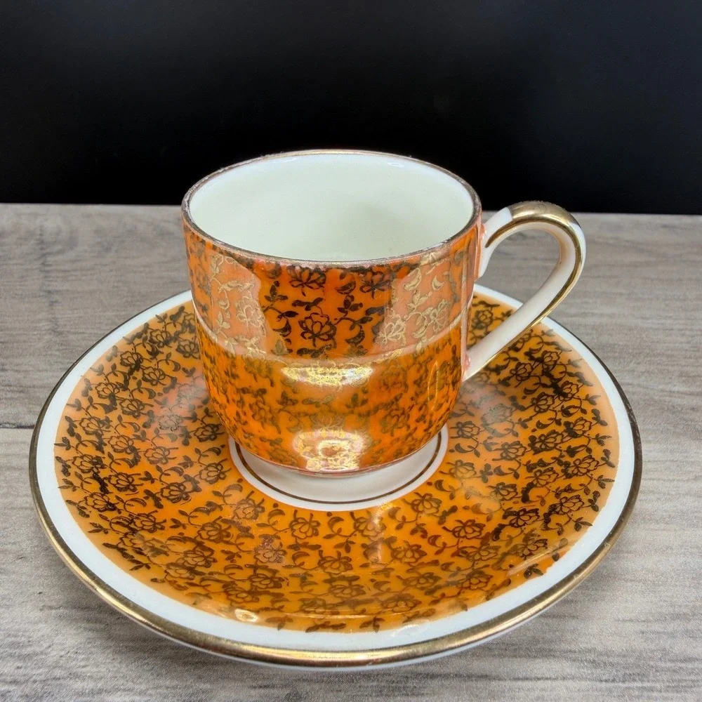 Alka Bavaria Germany Demitasse Cup Saucer‎ Set Orange Luster Gold Filigree VTG